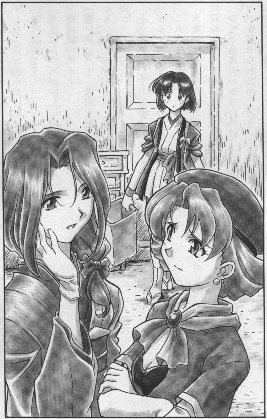 1990s_(style), 3girls, absurdres, ankle_socks, archived_source, beret, bleed_through, bow