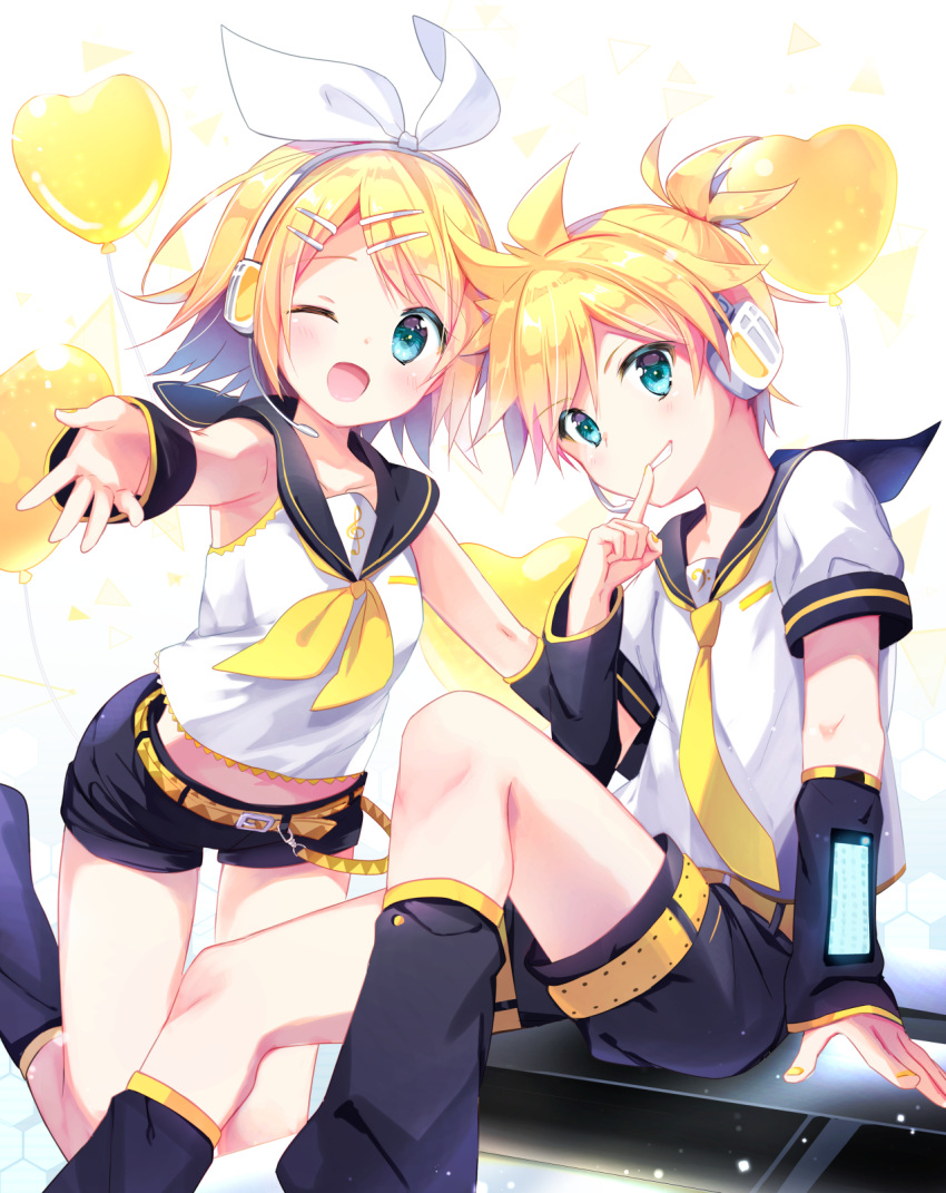 1boy, 1girl, aqua_eyes, balloon, belt, black_shorts, blonde_hair, blush, brother_and_sister, collarbone, commentary_request, detached_sleeves, feet_out_of_frame, finger_to_mouth, glowing, grin, hair_ornament, hair_ribbon, hairclip, headphones, headset, heart_balloon, highres, index_finger_raised, kagamine_len, kagamine_rin, leg_warmers, looking_at_viewer, nail_polish, neckerchief, necktie, one_eye_closed, outstretched_hand, partial_commentary, ribbon, sailor_collar, short_hair, shorts, siblings, sitting, smile, treble_clef, twins, vocaloid, white_ribbon, yellow_belt, yellow_nails, yellow_neckerchief, yellow_necktie, yomogi_komegura