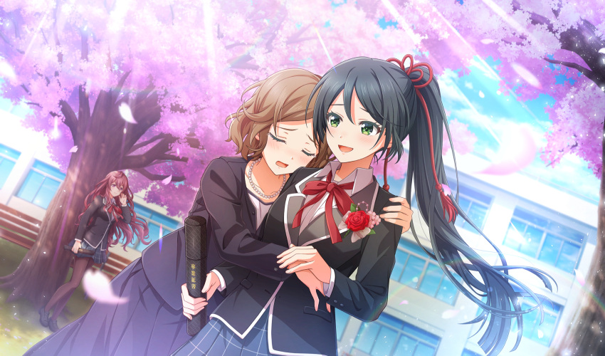 3girls, black_footwear, black_hair, black_jacket, black_skirt, blurry, brown_hair, brown_pantyhose, cherry_blossoms, cinderella_series, closed_eyes, collared_shirt, depth_of_field, diploma, dutch_angle, falling_petals, game_cg, graduation, green_eyes, grey_skirt, hachigatsu_no_cinderella_nine, hair_between_eyes, hair_ribbon, hand_in_own_hair, high_ponytail, highres, holding_diploma, honjo_chikage, jacket, kakehashi_momoko, light_rays, loafers, long_hair, long_sleeves, looking_at_another, multiple_girls, neck_ribbon, non-web_source, official_art, open_mouth, outdoors, pantyhose, petals, pink_petals, plaid_clothes, plaid_skirt, pleated_skirt, purple_hair, red_ribbon, ribbon, school, school_uniform, shirt, shoes, short_hair, skirt, spring_(season), standing, sunbeam, sunlight, tears, tsukahara_shizuku, u_u, very_long_hair, violet_eyes, wavy_hair, white_shirt