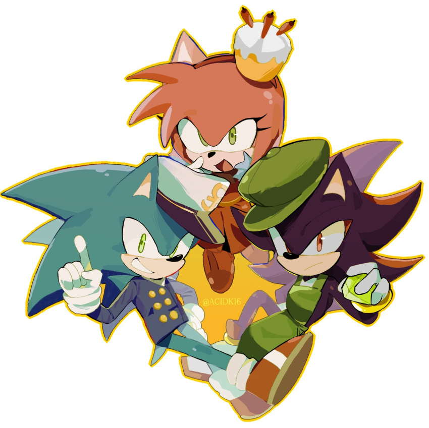 1girl, 2boys, acidki6, amy_rose, animal_ears, apron, blue_jacket, cake_hair_ornament, chaos_emerald, closed_mouth, commentary, dress, food-themed_hair_ornament, full_body, furry, furry_female, furry_male, gloves, green_apron, green_eyes, green_hat, hair_ornament, hairband, hat, highres, holding, index_finger_raised, jacket, looking_at_viewer, multiple_boys, official_alternate_costume, open_mouth, outline, peaked_cap, red_dress, red_eyes, red_footwear, red_hairband, shadow_the_hedgehog, shoes, simple_background, smile, sonic_(series), sonic_the_hedgehog, symbol-only_commentary, tail, the_murder_of_sonic_the_hedgehog, twitter_username, white_background, white_gloves, yellow_outline