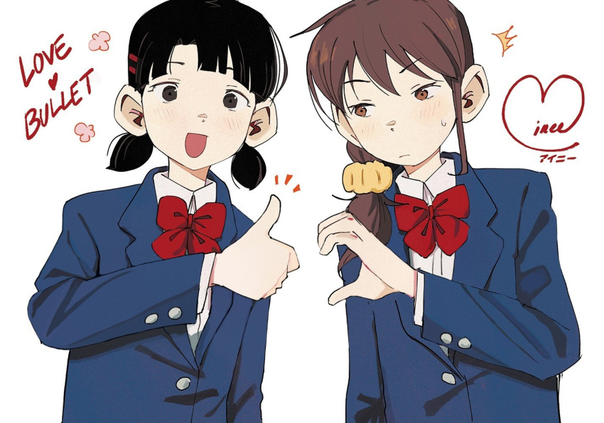 2girls, akanedni, alternate_eye_color, alternate_hair_color, black_eyes, black_hair, blue_jacket, bow, brown_eyes, brown_hair, hair_ornament, hairclip, heart_hands_failure, jacket, koharu_(love-bullet), long_sleeves, looking_at_viewer, love-bullet, medium_hair, multiple_girls, official_alternate_eye_color, official_alternate_hair_color, red_bow, shirt, short_twintails, simple_background, sweatdrop, tamaki_aki, thumbs_up, twintails, white_background, white_shirt, yuri