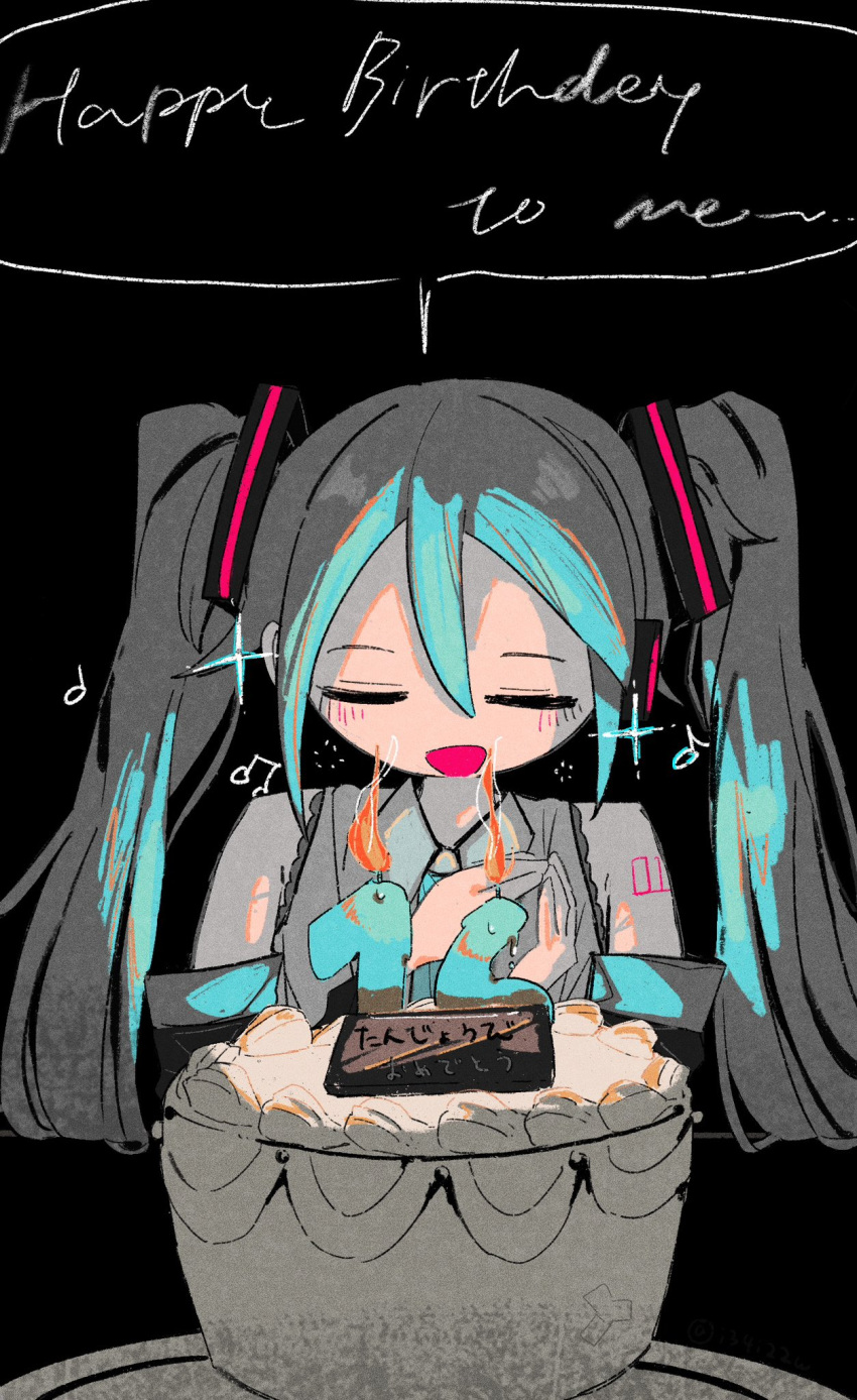 1girl, arm_tattoo, bare_shoulders, birthday_cake, black_background, blush, cake, candle, closed_eyes, collared_shirt, detached_sleeves, eighth_note, english_commentary, english_text, food, happy_birthday, hatsune_miku, highres, izayoi_(i34i22w), long_hair, musical_note, own_hands_together, shirt, sleeveless, sleeveless_shirt, smile, solo, sparkle, tattoo, twintails, upper_body, vocaloid