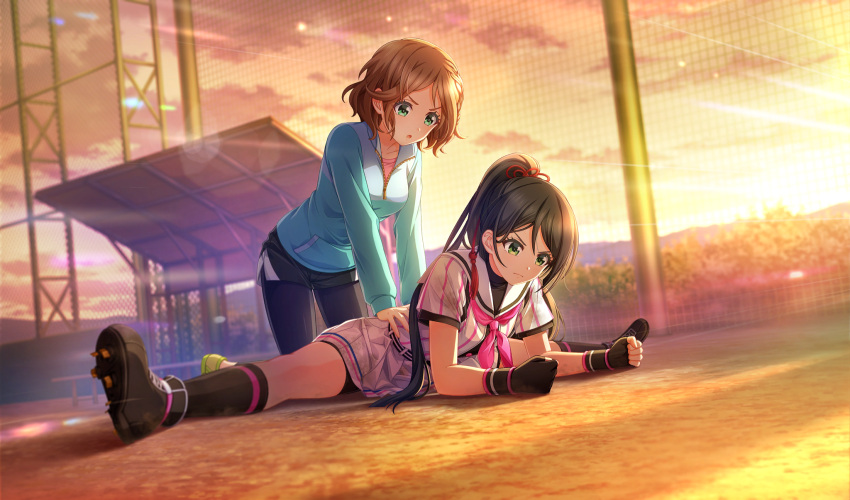 2girls, assisted_stretching, baseball_field, baseball_uniform, belt, bike_shorts_under_skirt, black_belt, black_footwear, black_gloves, black_hair, black_pantyhose, black_shorts, black_socks, black_undershirt, blurry, brown_hair, cinderella_series, clouds, depth_of_field, dutch_angle, evening, fingerless_gloves, full_body, game_cg, gloves, green_eyes, green_jacket, hachigatsu_no_cinderella_nine, hair_ribbon, high_ponytail, highres, jacket, kakehashi_momoko, lens_flare, long_hair, long_sleeves, looking_at_another, multiple_girls, neckerchief, net, non-web_source, official_art, orange_sky, outdoors, pantyhose, pantyhose_under_shorts, pink_neckerchief, pleated_skirt, red_ribbon, ribbon, shirt, shirt_under_shirt, short_hair, short_sleeves, shorts, skirt, sky, socks, sportswear, spread_legs, stretching, striped_belt, striped_clothes, striped_shirt, track_suit, tsukahara_shizuku, v-shaped_eyebrows, vertical-striped_clothes, vertical-striped_shirt, wavy_hair, wristband