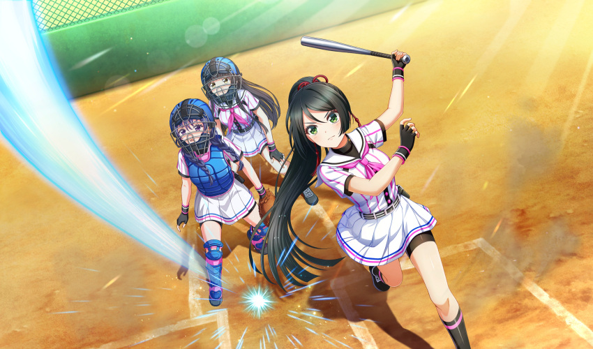 3girls, baseball, baseball_bat, baseball_field, baseball_mitt, baseball_uniform, belt, belt_buckle