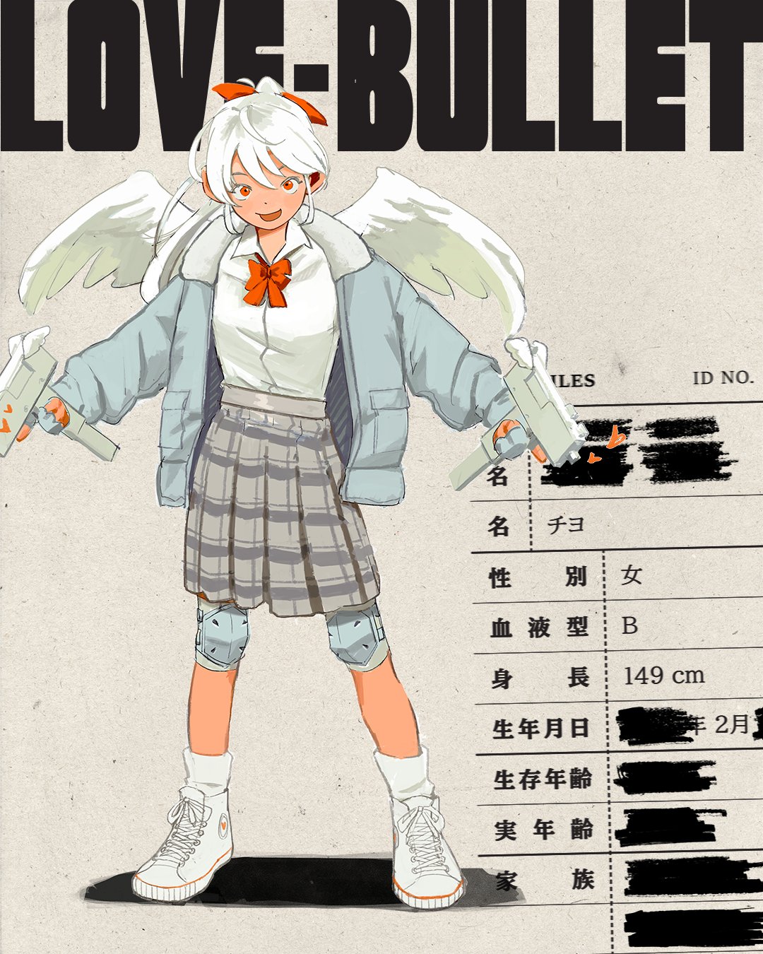 1girl, angel_wings, blue_gloves, blue_jacket, blue_shirt, bow, bowtie, chiyo_(love-bullet)