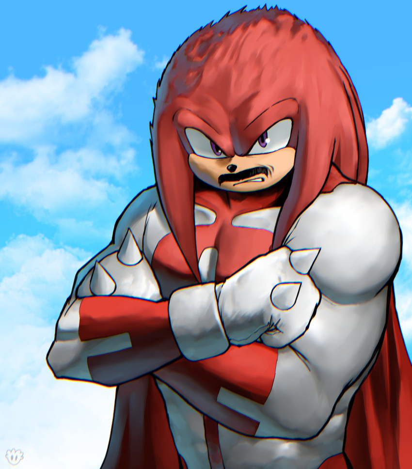 1boy, absurdres, animal_nose, blue_sky, bodysuit, cape, clouds, cosplay