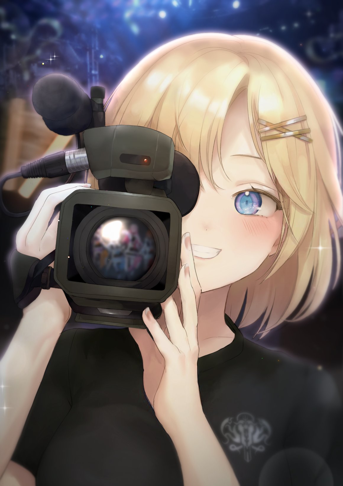 1girl, alternate_costume, black_shirt, blonde_hair, blue_eyes, blurry, blurry_background, blush
