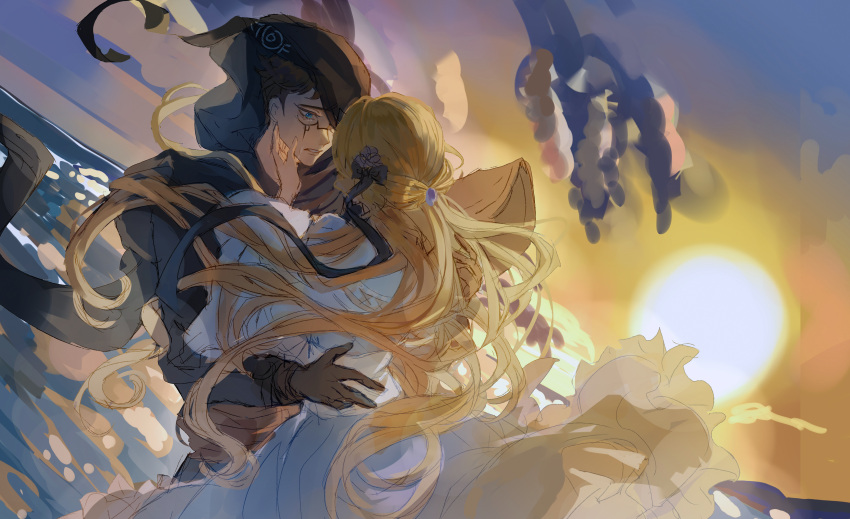 1boy, 1girl, absurdres, arm_around_waist, black_bow, blindfold_on_head, blonde_hair, blue_blindfold