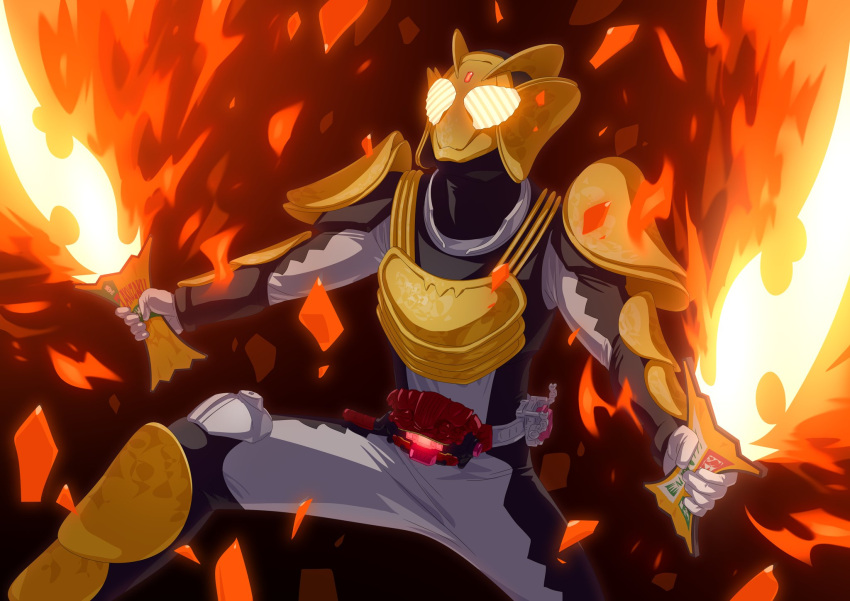 1boy, armor, bodysuit, chips_(food), commentary, driver_(kamen_rider), dual_wielding, explosion, fire, flaming_sword, flaming_weapon, food, full_body, glowing, glowing_eyes, grey_bodysuit, henshin_belt_gavv, highres, holding, holding_sword, holding_weapon, kamen_rider, kamen_rider_gavv, kamen_rider_gavv_(series), looking_at_viewer, male_focus, otokamu, potato_chips, powering_up, rider_belt, solo, sword, tokusatsu, weapon, yellow_eyes, zakuzaku_chips