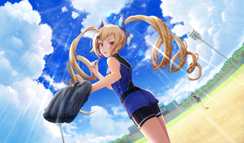 2girls, baseball_mitt, baseball_stadium, baseball_uniform, belt, bike_shorts, bike_shorts_under_shorts, black_belt