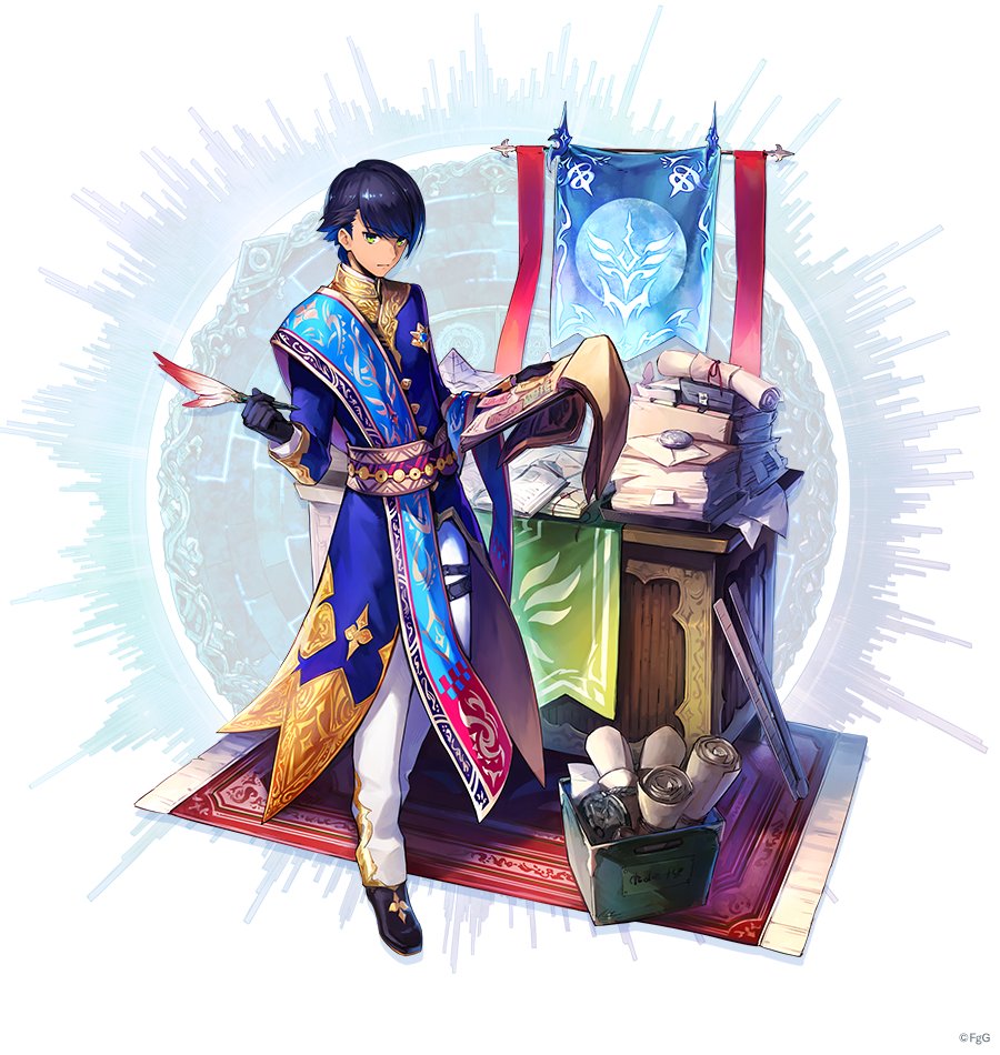 1boy, an_torataro, ankh_(dare_ga_tame_no_alchemist), blue_gloves, blue_hair, blue_jacket, book, closed_mouth, commentary_request, dare_ga_tame_no_alchemist, desk, full_body, gloves, green_eyes, holding, holding_pen, jacket, letter, long_sleeves, looking_at_viewer, male_focus, official_art, open_book, pants, pen, quill, red_carpet, scroll, second-party_source, short_hair, simple_background, solo, standing, white_pants