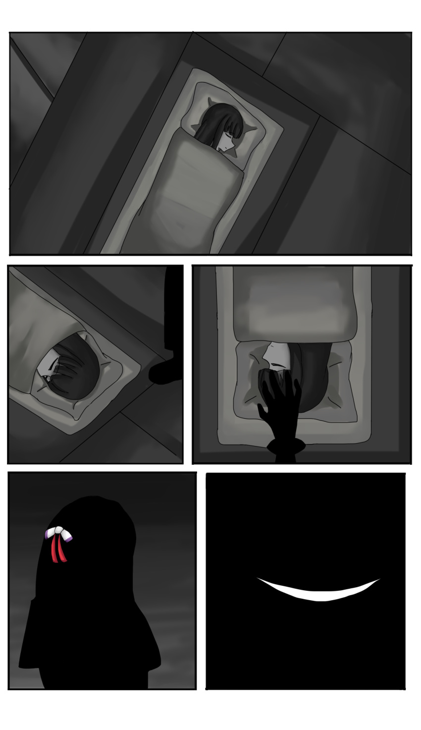 ?, ??, absurdres, dark, darkness, evil_smile, hakurei_reimu, highres, jkd05d, original, shadow, sleeping, smile, touhou, unaware