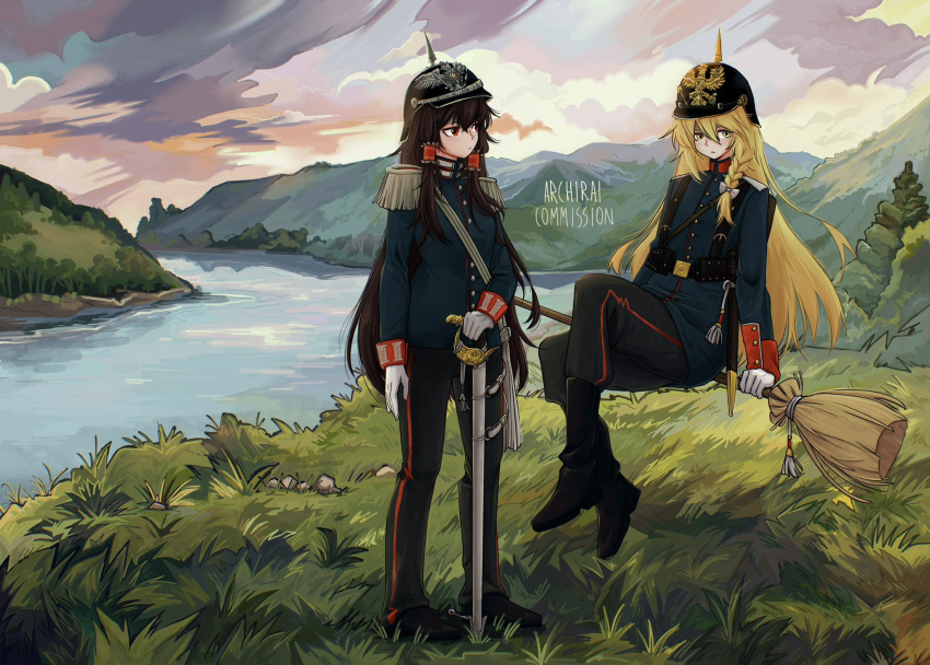 2girls, archirai, blonde_hair, braid, broom, broom_riding, brown_hair, combat_helmet