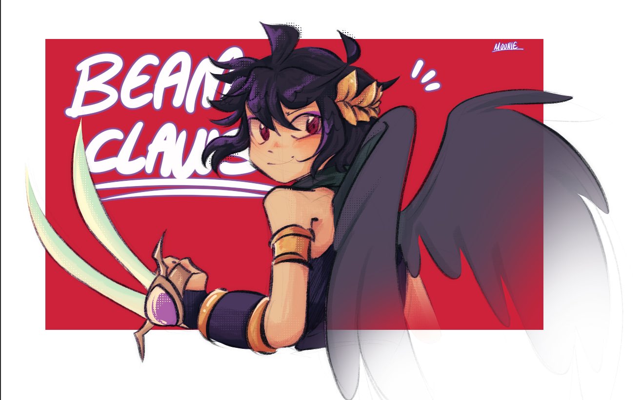 1boy, ahoge, armlet, beam_claws_(kid_icarus), claw_(weapon), clawed_gauntlets, closed_mouth, dark_pit, eyeshadow, fingerless_gloves, gloves, grey_wings, halftone_texture, jewelry, kid_icarus, kid_icarus_uprising, laurel_crown, makeup, male_focus, meimeicop, outside_border, purple_eyeshadow, purple_hair, red_eyes, single_bare_shoulder, smile, weapon, weapon_name, wings