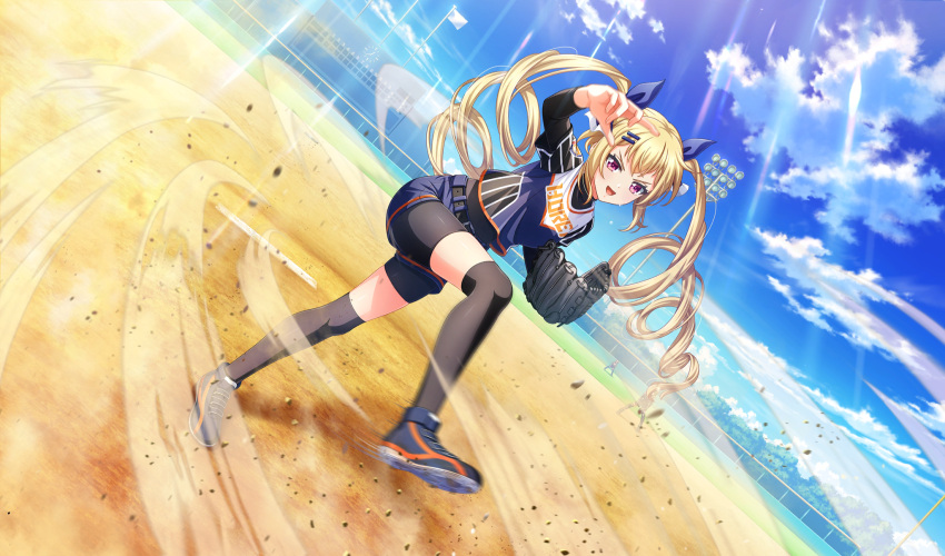 :d, baseball, baseball_mitt, baseball_stadium, belt, black_belt, black_shorts, black_thighhighs