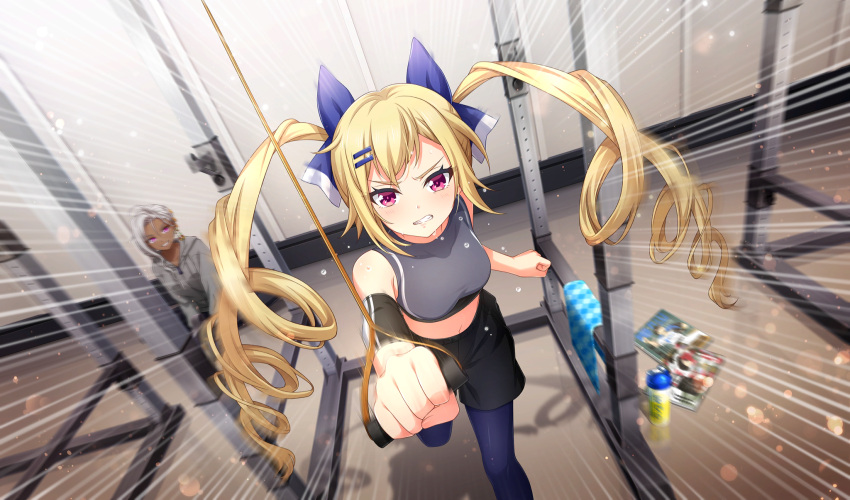 2girls, black_shorts, blonde_hair, blue_pantyhose, blurry, book, bow, cinderella_series