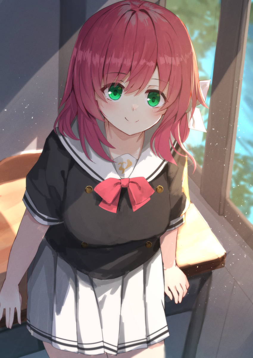 1girl, absurdres, arms_at_sides, atri-my_dear_moments-, black_shirt, blush, bow, bowtie