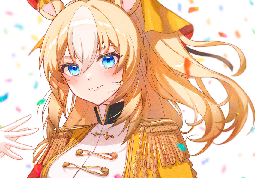 1girl, animal_ears, blonde_hair, blue_eyes, bodysuit, bow, closed_mouth, commentary_request