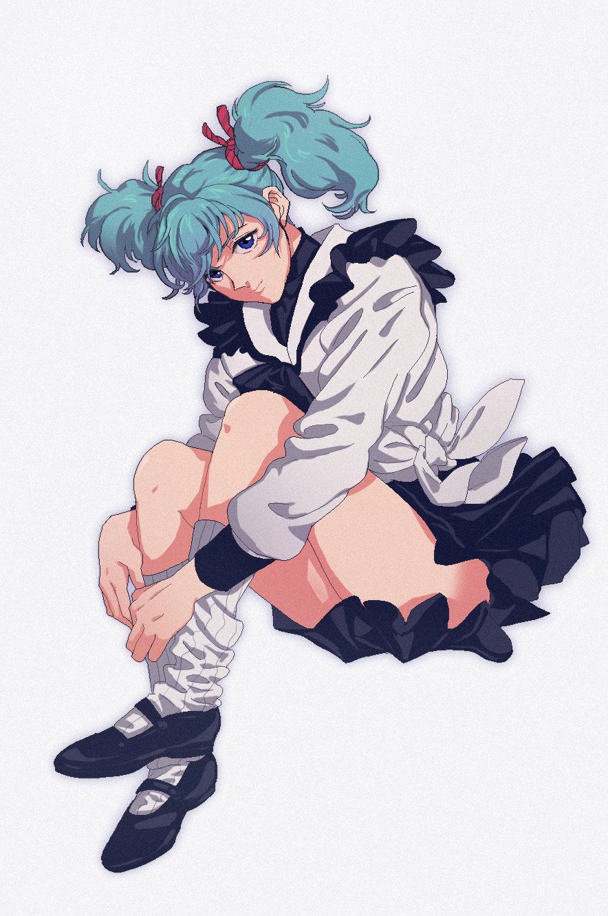 1girl, asymmetrical_hair, black_bow, black_footwear, black_skirt, blue_eyes, blue_hair, bow, bowtie, char's_counterattack, closed_mouth, collared_shirt, commentary, frilled_sailor_collar, frills, full_body, gundam, highres, hugging_own_legs, invisible_chair, knees_up, long_sleeves, looking_at_viewer, loose_socks, mary_janes, pleated_skirt, quess_paraya, sailor_collar, shirt, shoes, simple_background, sitting, skirt, smile, socks, solo, tsun_(chun_55), turtleneck, twintails, uneven_twintails, white_background, white_shirt, white_socks