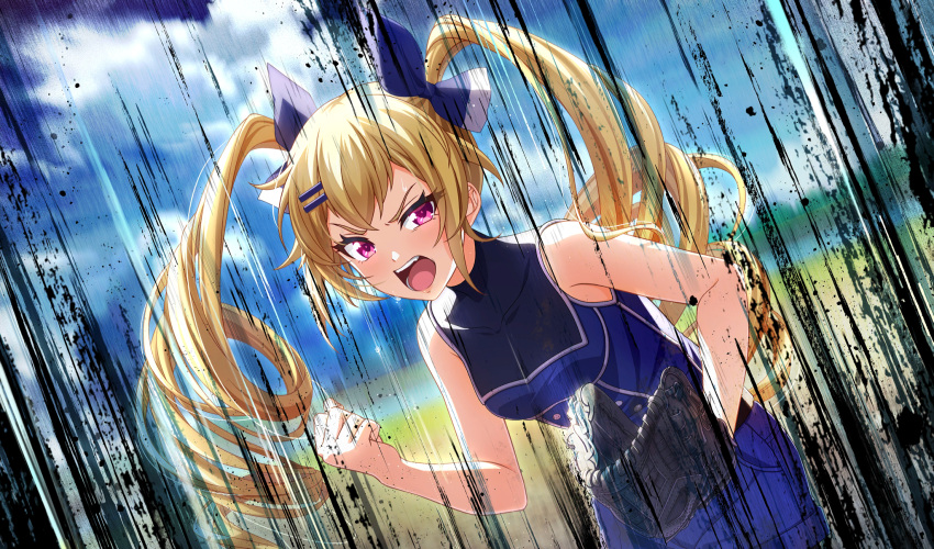 1girl, aura, baseball_mitt, baseball_stadium, baseball_uniform, blonde_hair, blue_shirt, blue_shorts