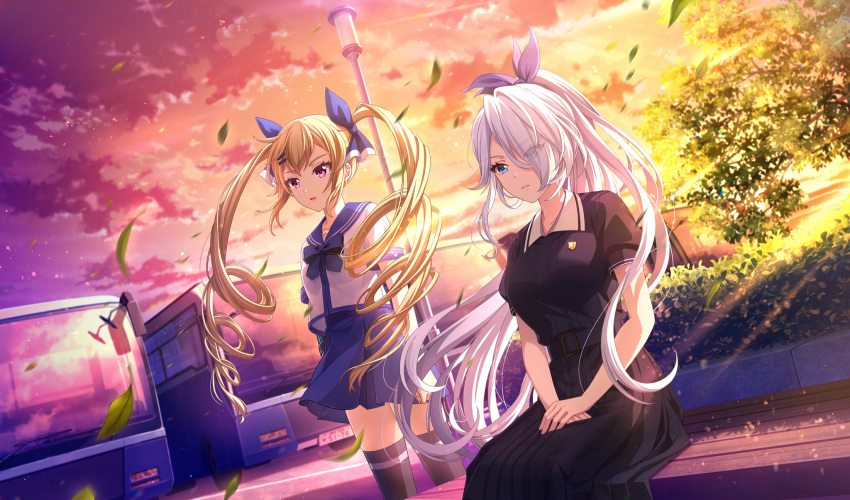 2girls, belt, bench, black_belt, black_bow, black_bowtie, black_shirt, black_skirt, black_thighhighs, blonde_hair, blue_eyes, blue_sailor_collar, blue_skirt, bow, bowtie, bus, cinderella_series, closed_mouth, clouds, drill_hair, dutch_angle, evening, eyes_visible_through_hair, falling_leaves, feet_out_of_frame, game_cg, hachigatsu_no_cinderella_nine, hair_bow, hair_ornament, hair_over_one_eye, hairclip, high_ponytail, highres, kousaka_tsubaki, kusakari_rena, leaf, light_particles, light_rays, long_hair, motor_vehicle, multiple_girls, non-web_source, official_art, on_bench, orange_sky, outdoors, parted_lips, pleated_skirt, red_eyes, sailor_collar, school_uniform, serafuku, shirt, short_sleeves, sitting, skirt, sky, standing, sunbeam, sunlight, thigh-highs, twin_drills, white_shirt, wind, wooden_bench