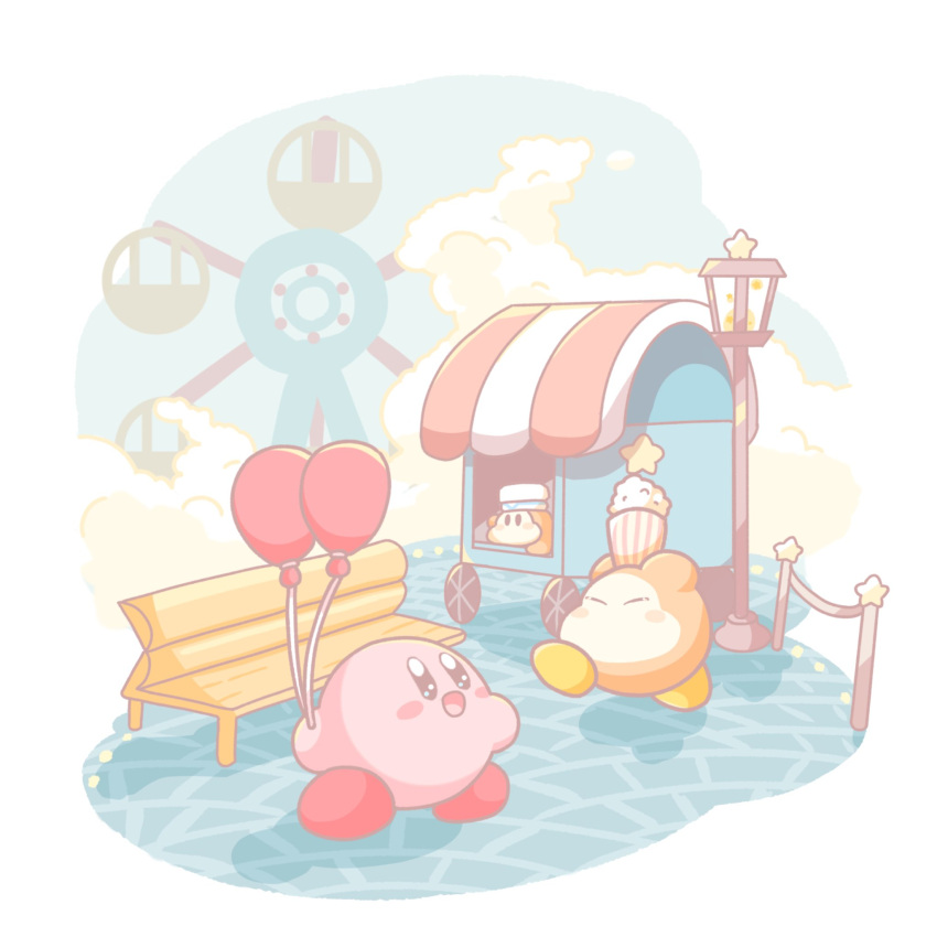:d, amusement_park, balloon, bench, border, closed_eyes, colored_skin, ferris_wheel, highres, holding, holding_balloon, kirby, kirby_(series), lamppost, open_mouth, pink_skin, ripptowe6p, smile, star_(symbol), waddle_dee, walking, white_border