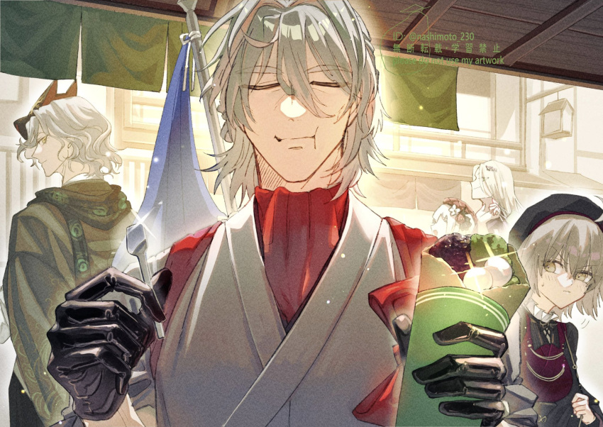 2girls, 3boys, :t, antonio_salieri_(fate), antonio_salieri_(kyomaf_2024)_(fate), antonio_salieri_(second_ascension)_(fate), architecture, artist_name