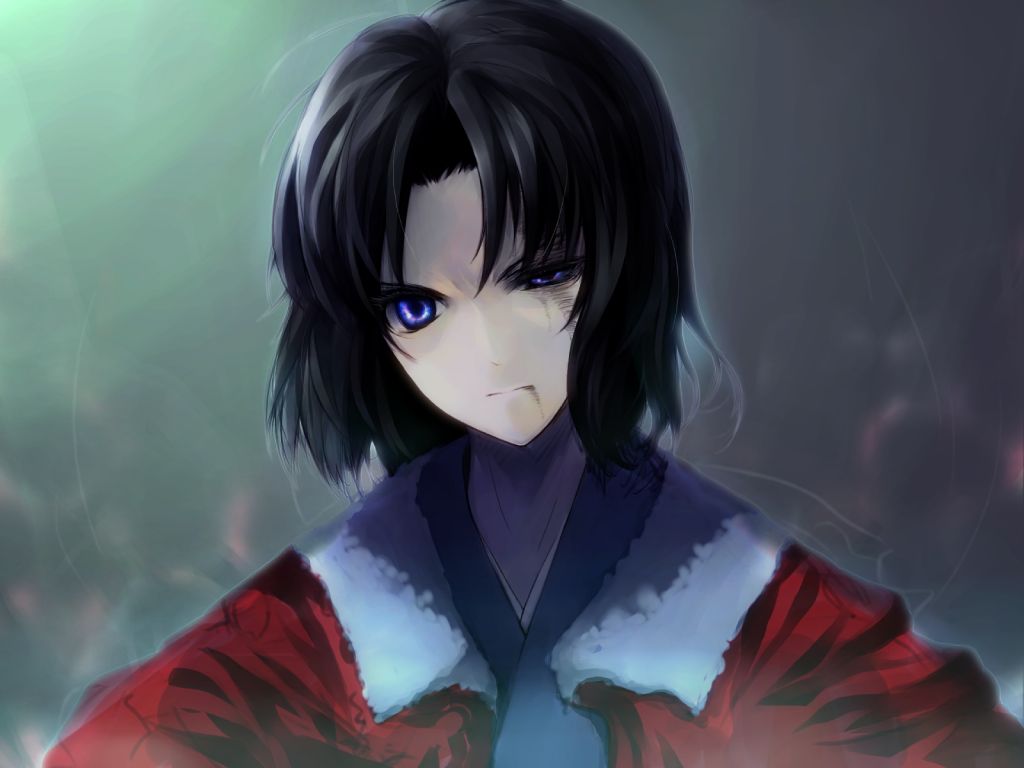 black_hair, blood, blue_eyes, bruise, hara_takehito, injury, jacket, japanese_clothes