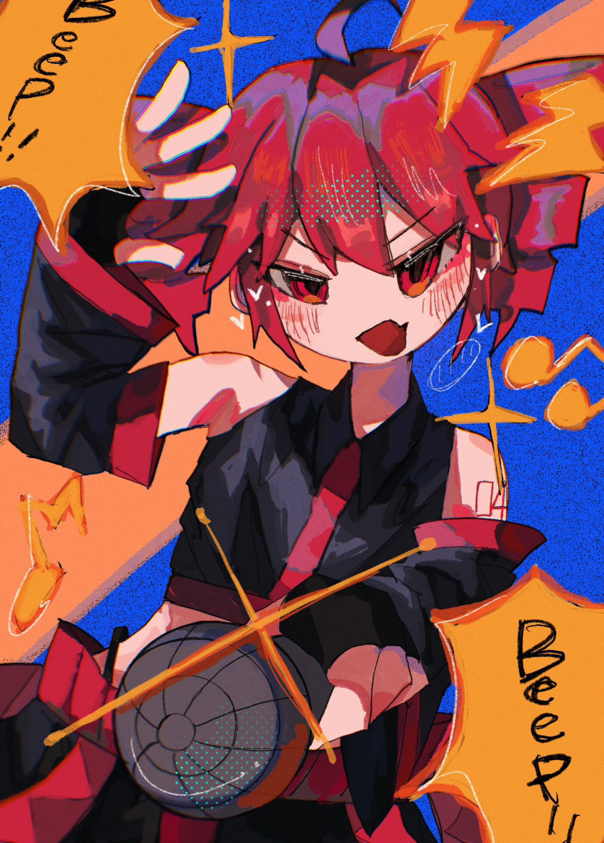 1girl, ahoge, arm_tattoo, baggy_pants, bare_shoulders, beamed_eighth_notes, black_gloves, black_pants