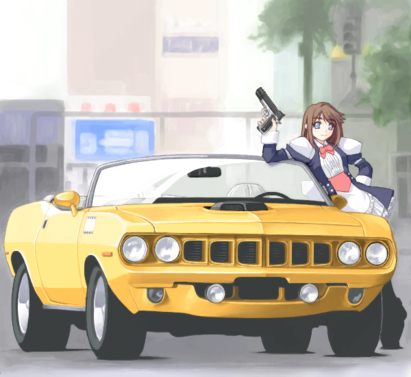 brown_hair, car, colt_m1911, convertible, copyright_request, egu_(e_g_u), gun, handgun