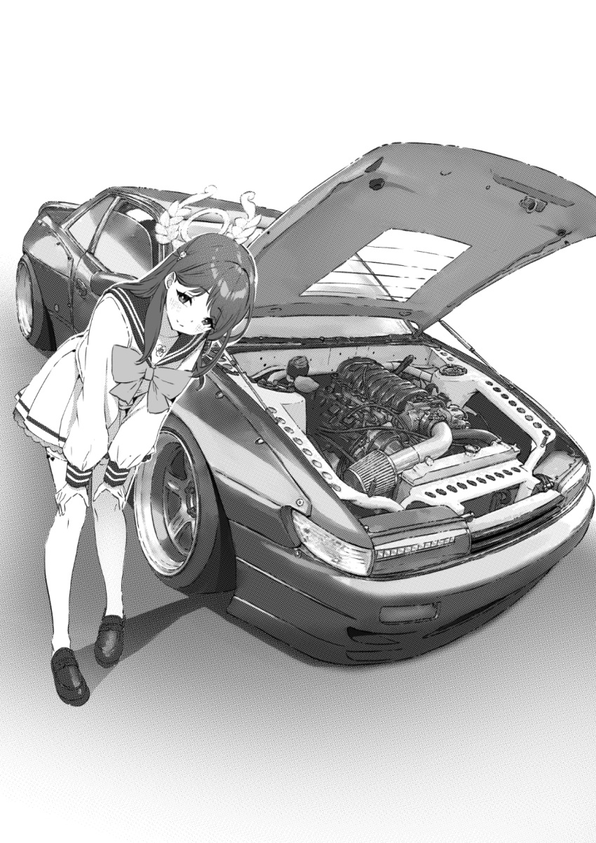 1girl, airi_(blue_archive), bent_over, black_footwear, blue_archive, car, hair_between_eyes, hand_on_own_knee, highres, jun_project, long_hair, motor_vehicle, open_car_hood, ribbon, sailor_collar, school_uniform, serafuku, smile, thigh-highs