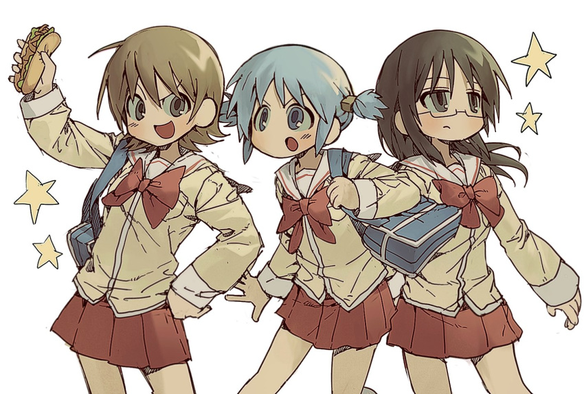 3girls, aioi_yuuko, arm_up, aseupilin666, bag, black_eyes, black_hair, blue_bag