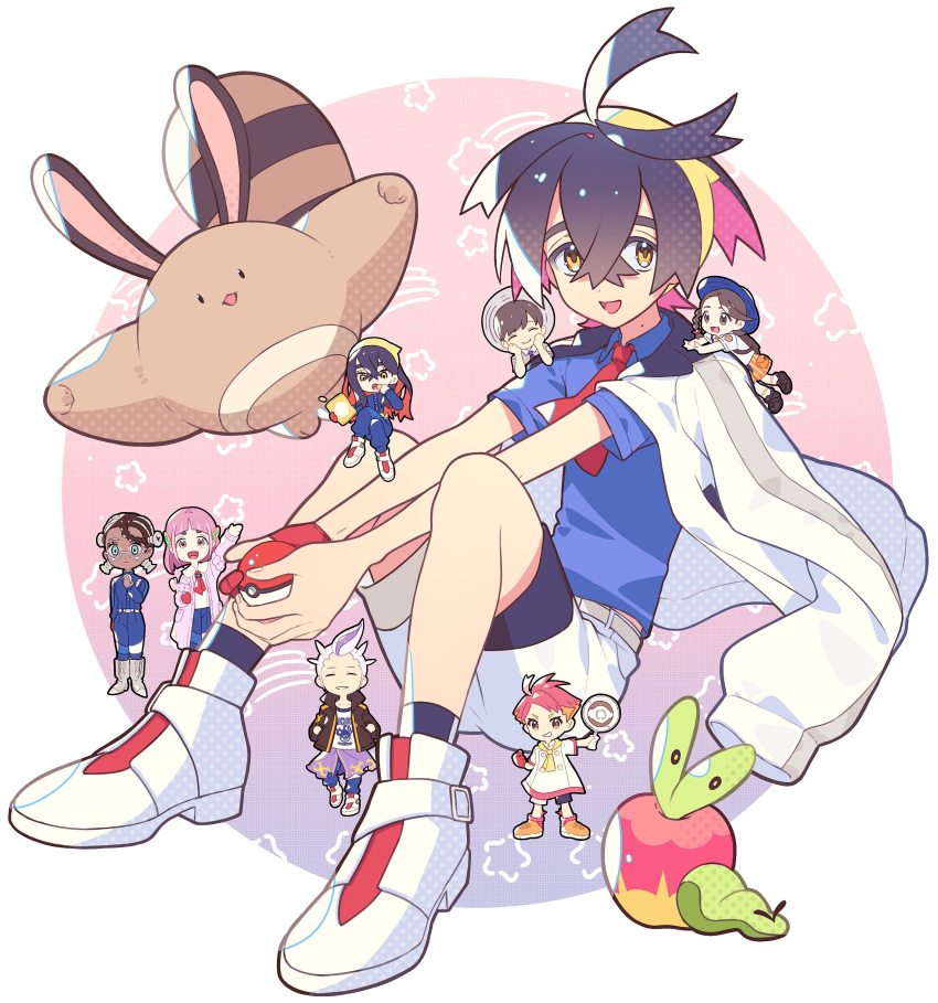 4boys, 4girls, absurdres, amarys_(pokemon), applin, black_hair, blue_shirt, blue_socks