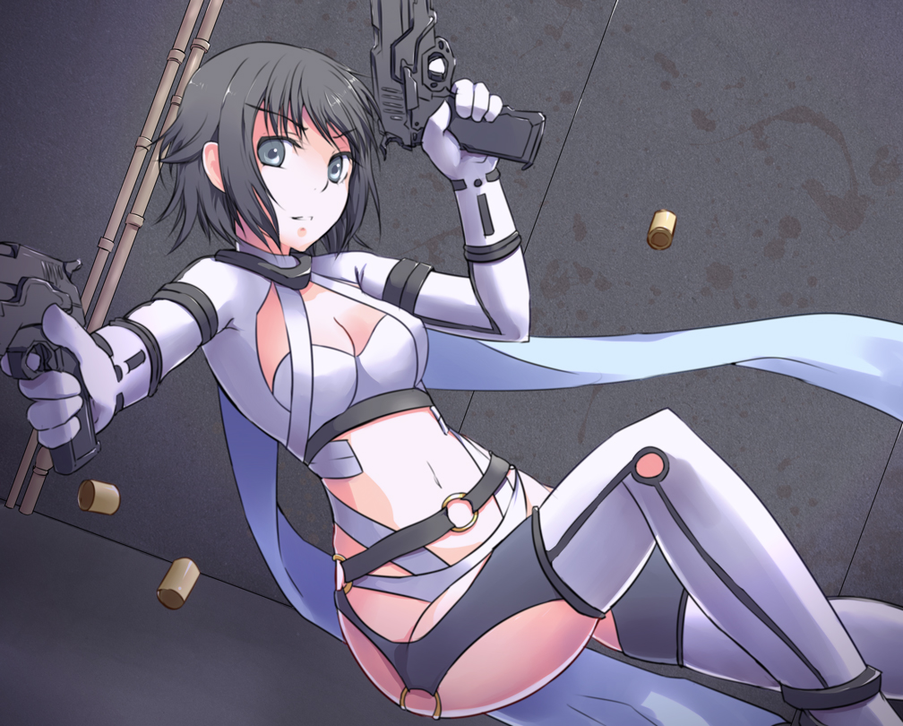 cleavage, dual_wielding, gun, mardock_scramble, midriff, pizanuko, rune_balot, shell_casing, thighhighs, weapon