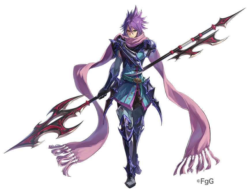 1boy, arm_guards, armor, black_gloves, breastplate, closed_mouth, dare_ga_tame_no_alchemist, floating_scarf, full_body, gloves, gold_buckle, greaves, green_eyes, hair_between_eyes, holding, holding_polearm, holding_weapon, huge_weapon, kudanstein_(dare_ga_tame_no_alchemist), looking_at_viewer, male_focus, official_art, polearm, poleyn, purple_hair, purple_scarf, scarf, shibuhiko, shoulder_armor, simple_background, solo, spear, straight-on, third-party_source, transparent_background, weapon