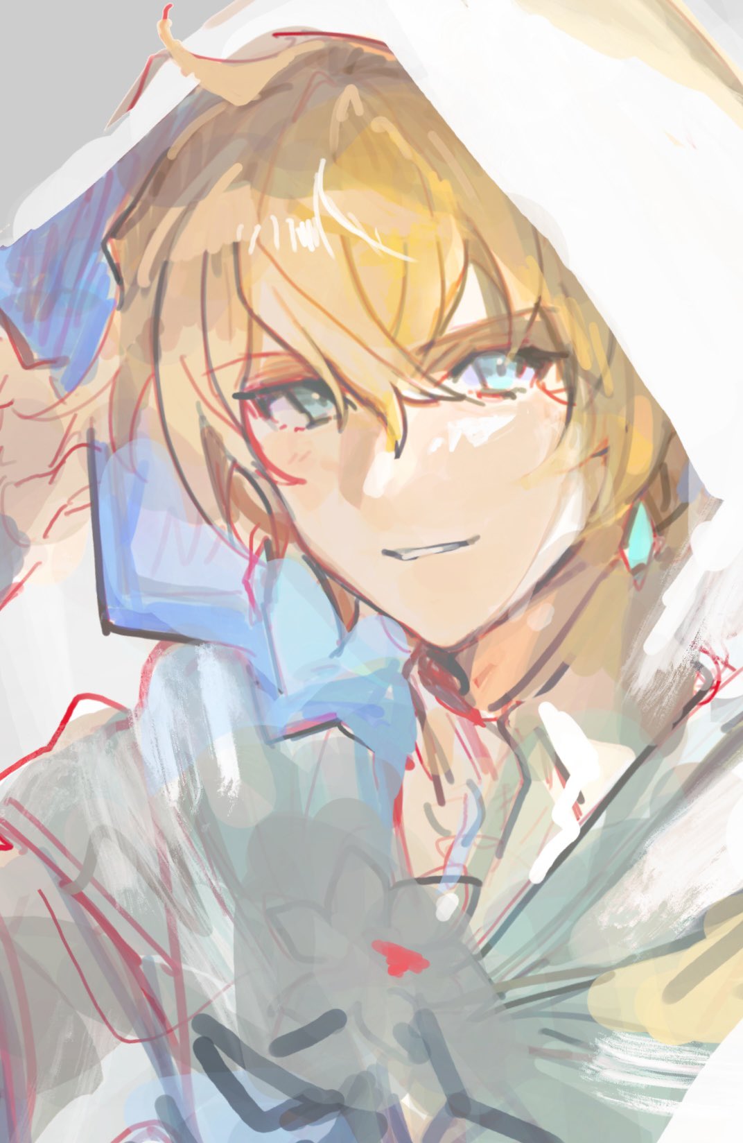 1boy, atelier_(series), atelier_resleriana, blonde_hair, blue_eyes, earrings, hair_between_eyes, highres