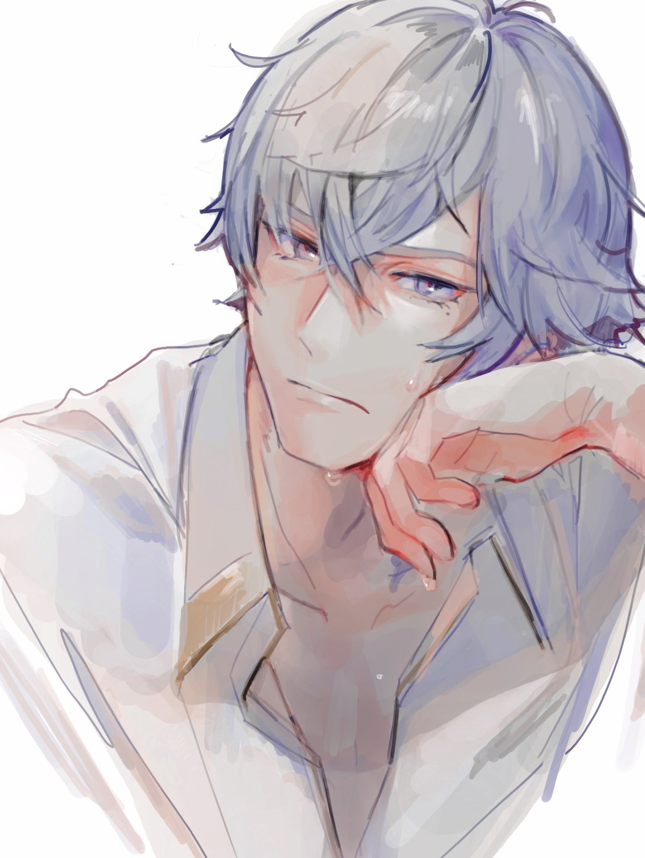 1boy, atelier_(series), atelier_ryza, blue_hair, bos_brunnen, closed_mouth, collared_shirt, commentary