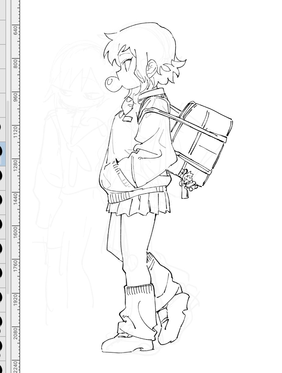 1girl, art_program_in_frame, bac0n_pancakes, bag, bag_charm, blowing_bubbles, charm_(object), chewing_gum