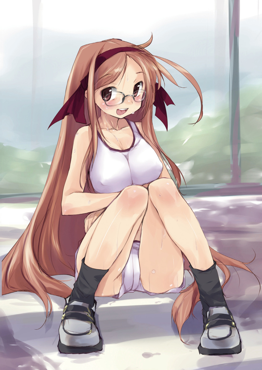 breasts, brown_hair, copyright_request, e=mc2, e=mc2_(mosimosi), erect_nipples, glasses, highres