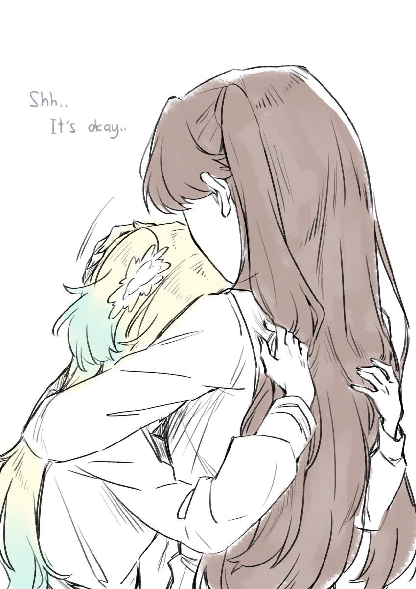 2girls, absurdres, akazuki_r, blonde_hair, brown_hair, commentary, english_commentary, english_text