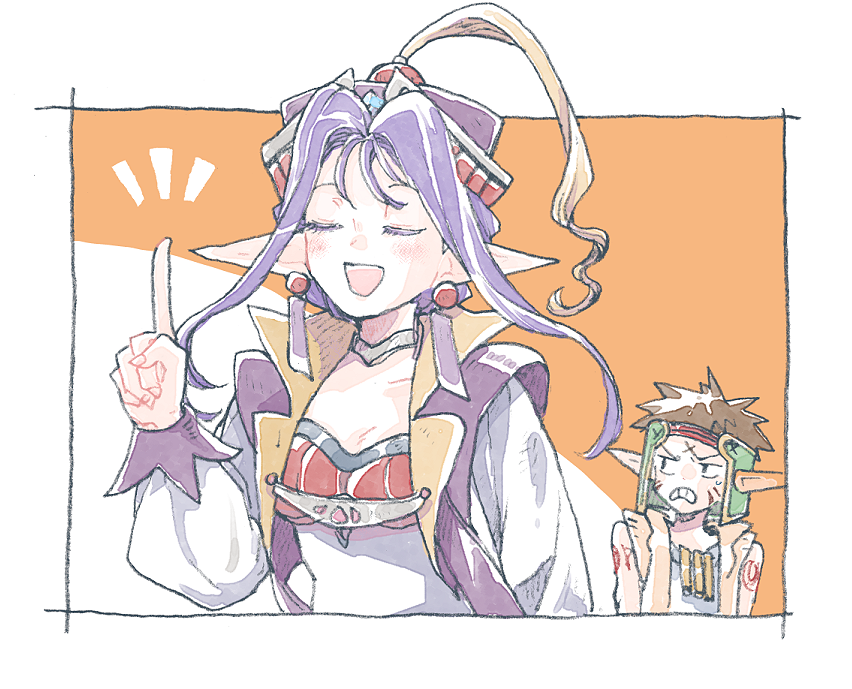 1boy, 1girl, brown_hair, dress, earrings, grandia, grandia_i, hat, jewelry, liete_(grandia), long_hair, michibata_65, open_mouth, pointy_ears, purple_hair, rapp_(grandia), smile