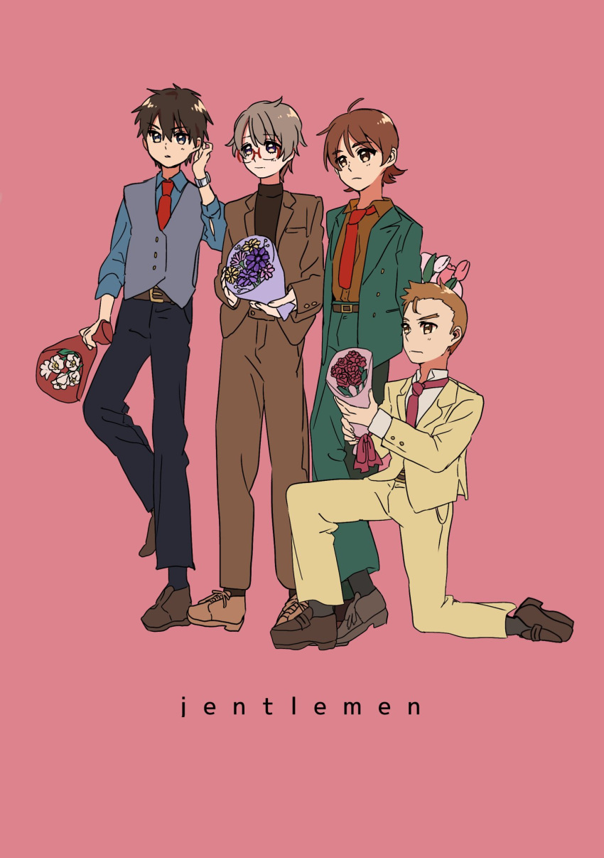 4boys, ahoge, blush, bouquet, brown_hair, business_suit, chinen_daisuke, delicious_party_precure
