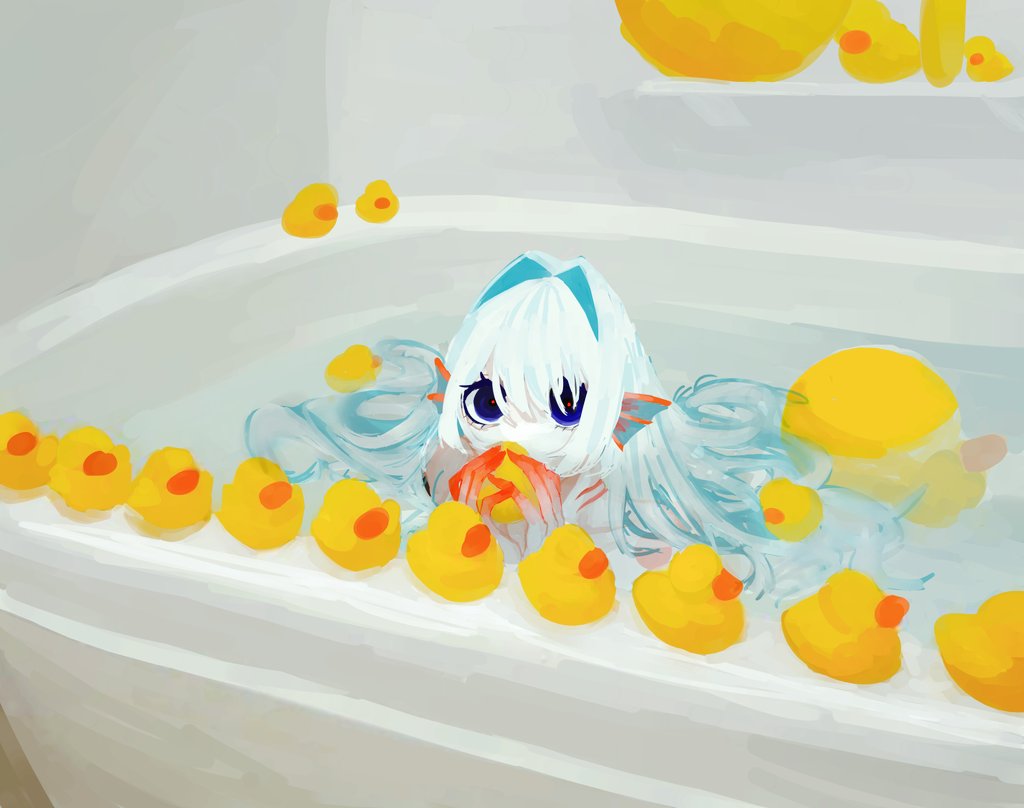 1girl, bathtub, blue_eyes, blue_hair, commentary, fins, fish_girl, hair_intakes, head_fins, in_bathtub, indoors, light_blue_hair, long_hair, looking_at_viewer, mermaidhitukumo, monster_girl, original, rubber_duck, solo, symbol-only_commentary, water