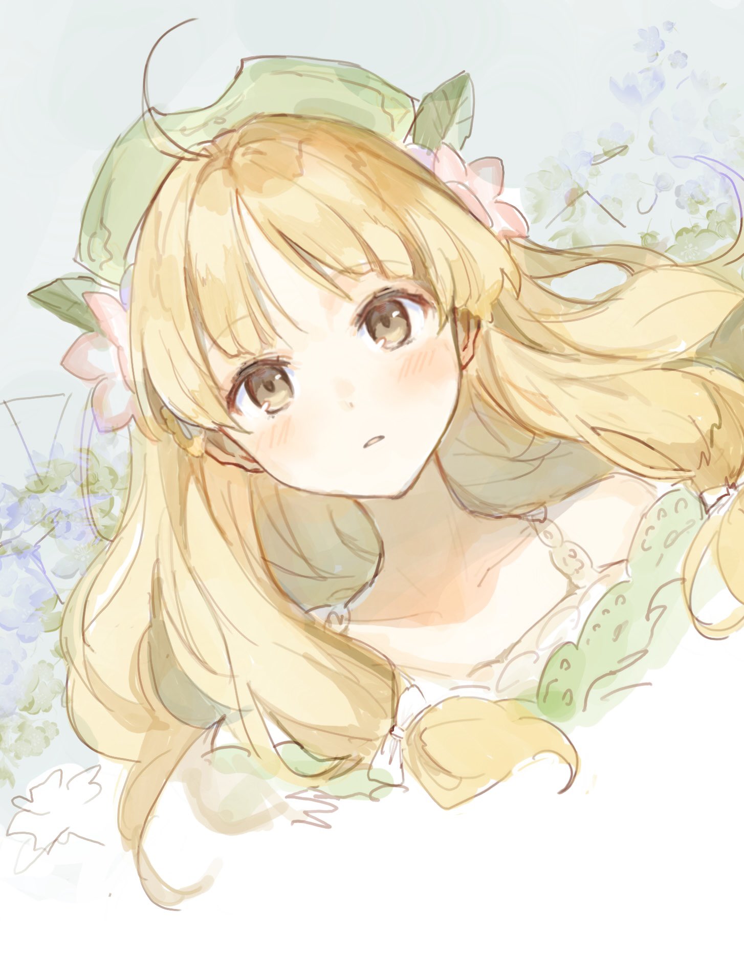 1girl, ahoge, atelier_(series), atelier_ayesha, ayesha_altugle, bare_shoulders, blonde_hair, brown_eyes