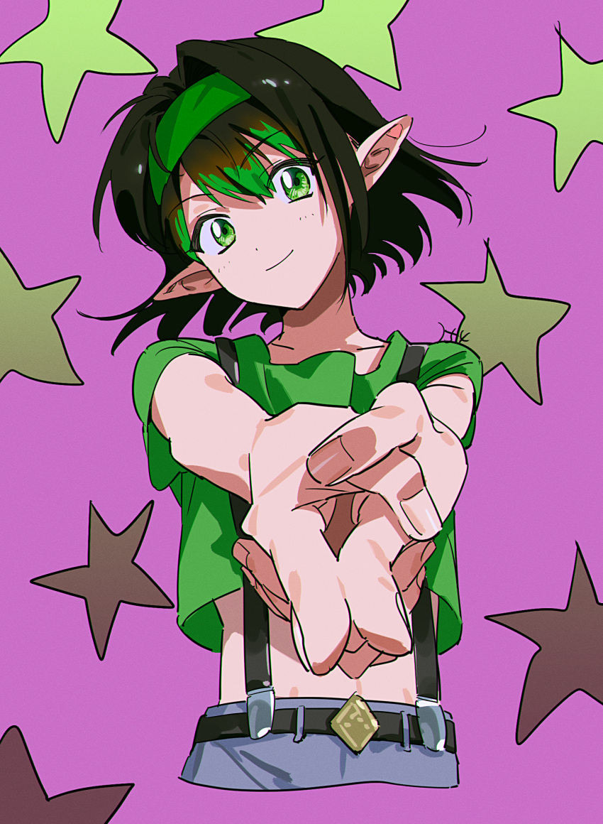 1boy, aged_down, bang_(gesture), belt, black_belt, black_hair, cropped_legs, finger_gun