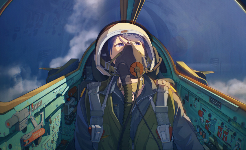 1girl, absurdres, aircraft, airplane, blue_eyes, blue_hair, blue_sky, cockpit, collar, fighter_jet, helmet, highres, hwwsph, looking_up, military, military_vehicle, original, oxygen_mask, pilot_suit, sky, solo