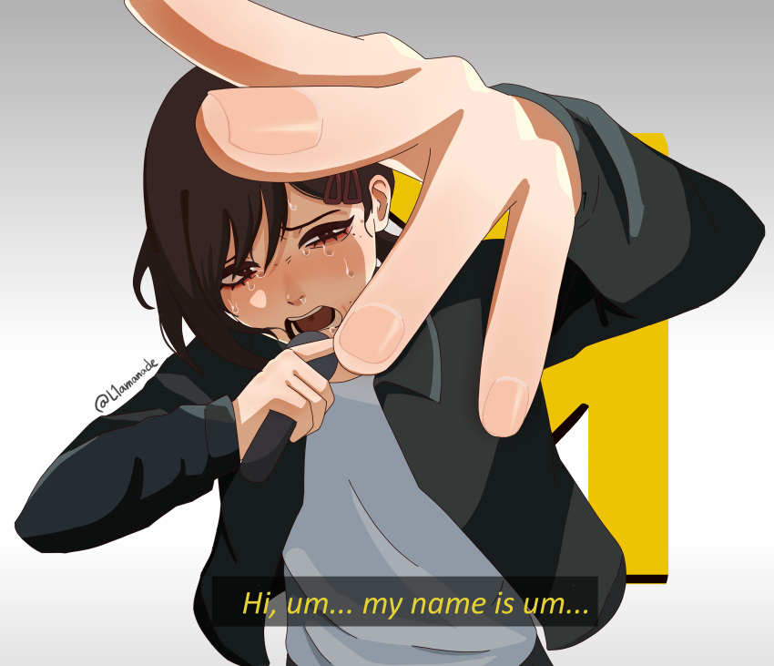 1girl, absurdres, black_jacket, brown_eyes, brown_hair, chainsaw_man, commentary, eminem, english_commentary, english_text, foreshortening, hair_ornament, hairclip, higashiyama_kobeni, highres, jacket, l1amanade, mole, mole_under_eye, open_mouth, parody, shirt, solo, subtitled, sweat, tears, twitter_username, underwear, white_shirt