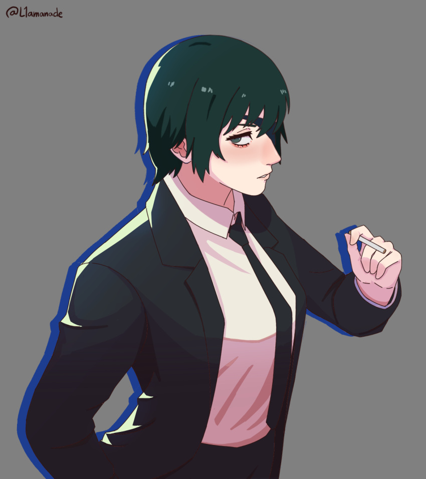 1girl, black_necktie, black_suit, breasts, chainsaw_man, cigarette, commentary, english_commentary