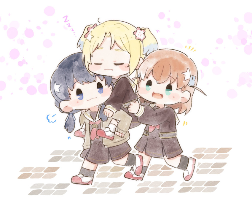 3girls, :3, :d, aqua_eyes, black_socks, blonde_hair, blue_eyes, blue_hair