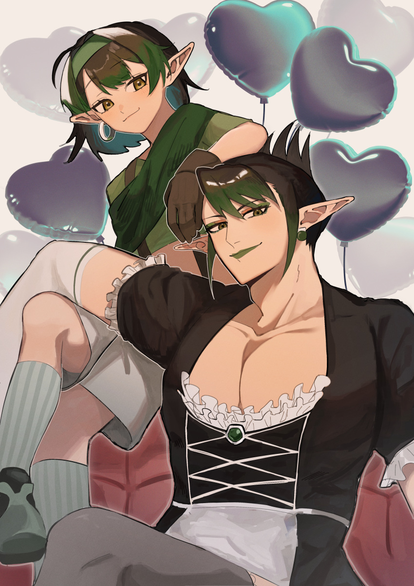 2boys, absurdres, aged_down, ahoge, arm_on_another's_leg, balloon, black_dress, black_hair